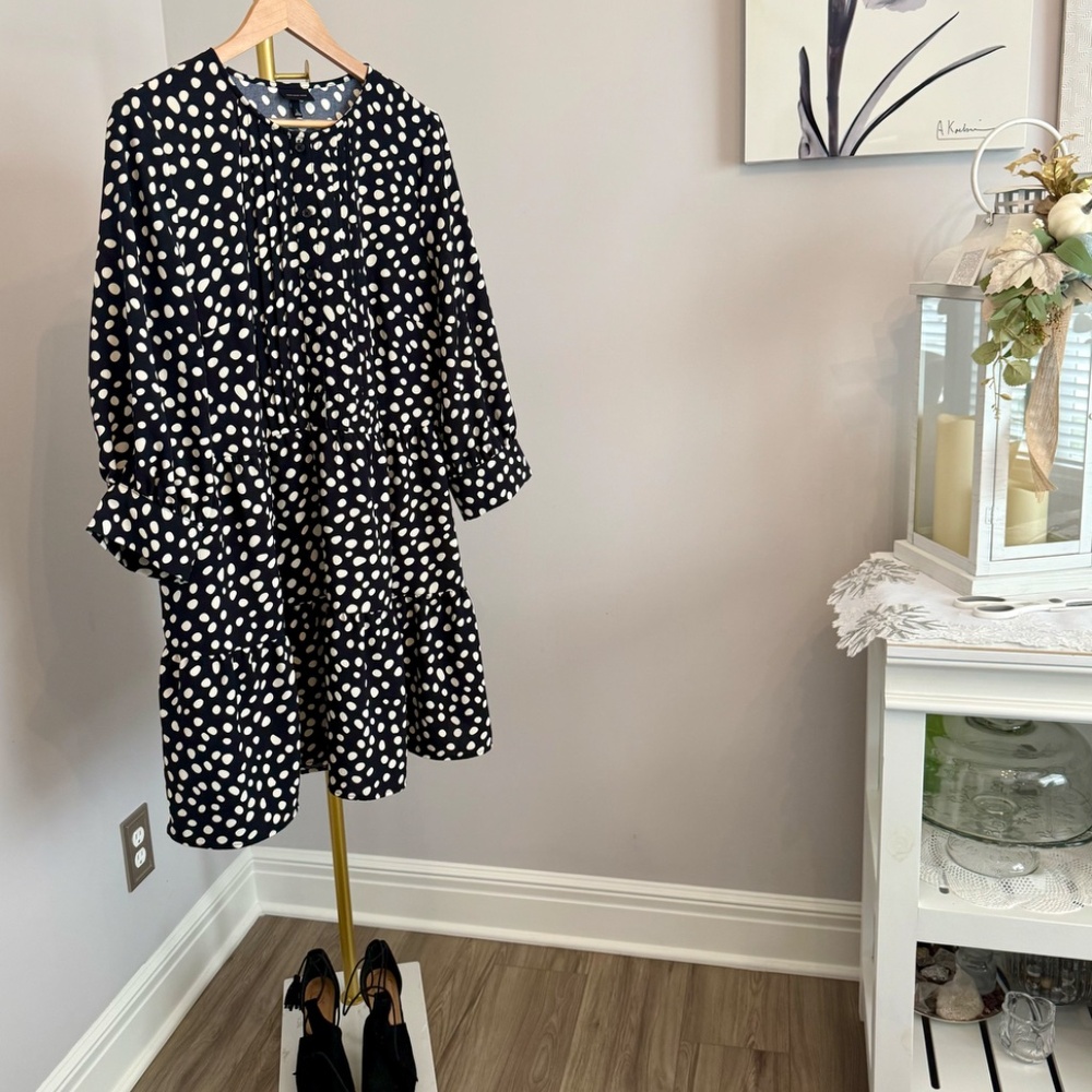 Who What Wear Black Polka Dot Mini Dress – Size L – Tie Neck, 3/4 Sleeve - Picture 6 of 8